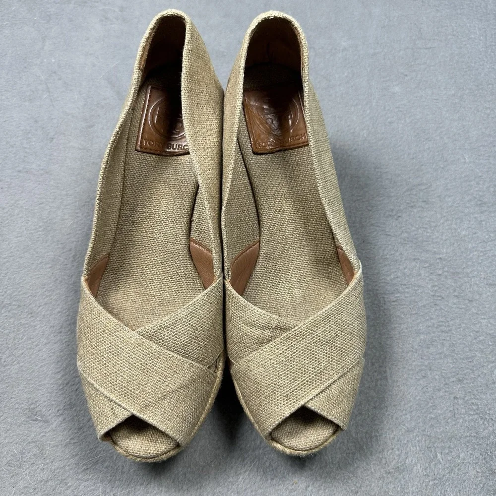 Tory Burch Filipa Espadrille Wedge Heels 8B Tan Canvas Peep Toe Platform